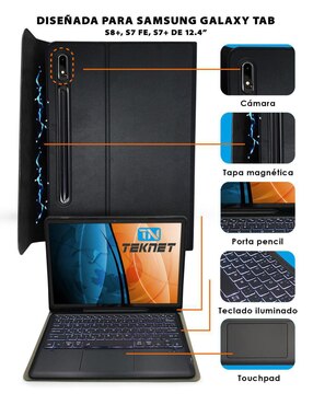 Funda con teclado para tablet Teknet samsung galaxy tab s8+, s7 fe, s7+ de 12.4 pulgadas