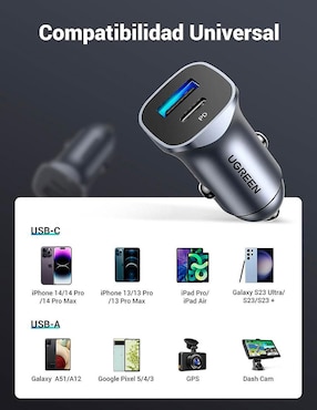 Cargador auto Ugreen USB tipo A + USB tipo C