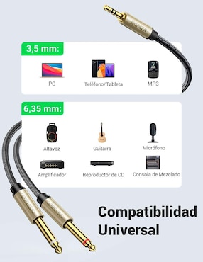 Cable auxiliar 6.35 mm Ugreen a tipo auxiliar 3.5 mm de 2 m
