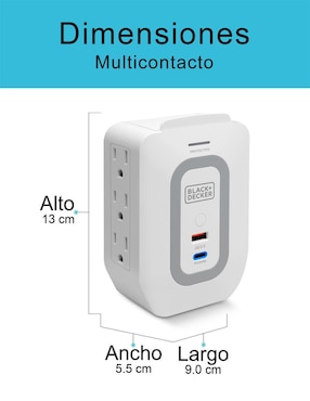Multicontacto Black + Decker BDXEEMTTAP4 de 6 contactos aterrizados y 2 contactos USB para recarga