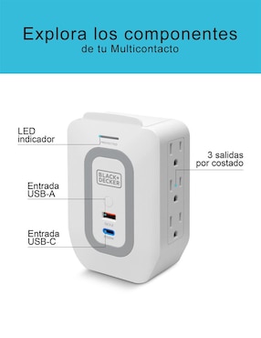 Multicontacto Black + Decker BDXEEMTTAP4 de 6 contactos aterrizados y 2 contactos USB para recarga