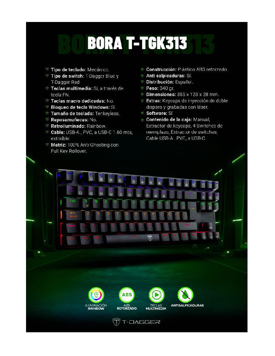 Teclado gamer conexión inalámbrica Bora T-TGK313 (Rainbow Blue Switches) 2