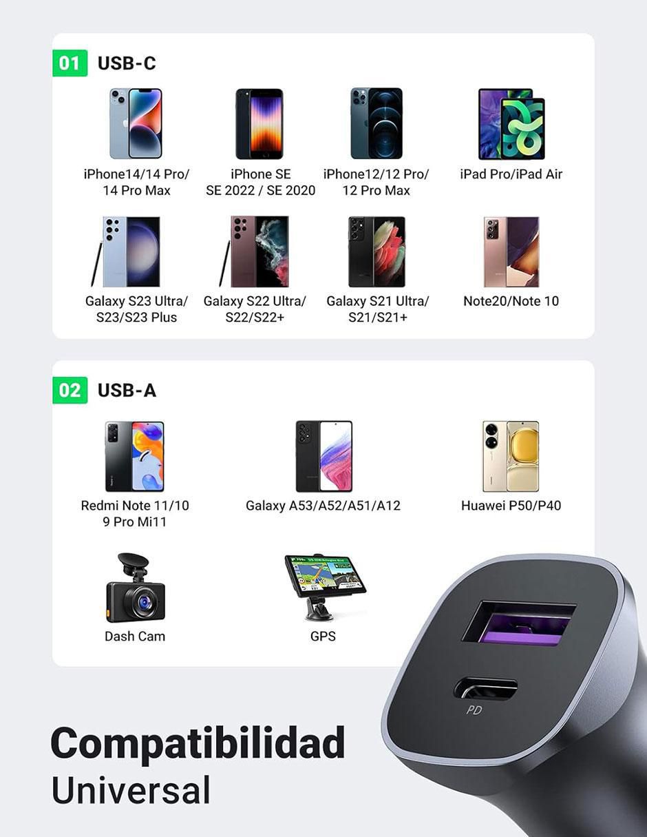 Cargador auto USB tipo A + USB tipo C 5