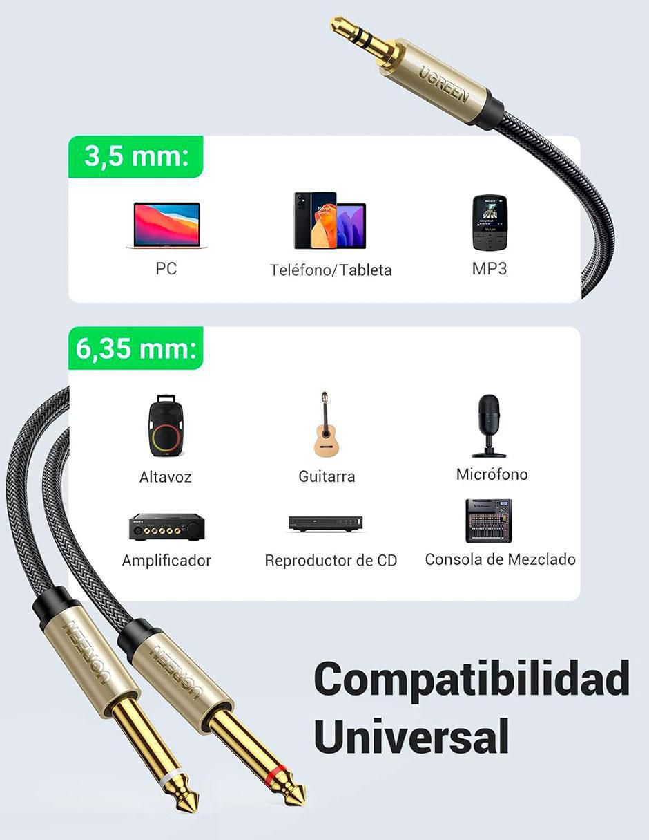 Cable auxiliar 6.35 mm a tipo auxiliar 3.5 mm de 2 m 6