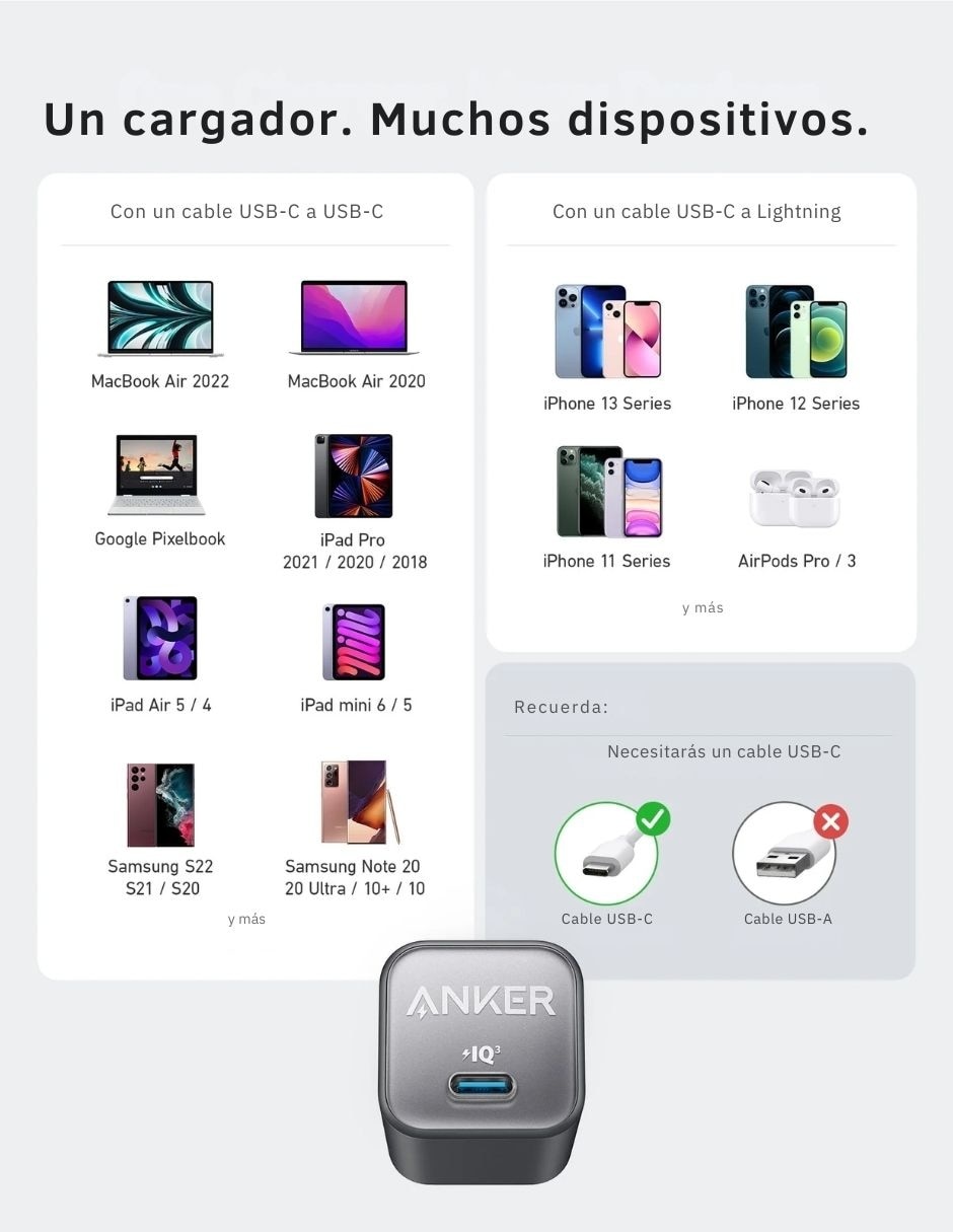 Adaptador de corriente Anker nano USB tipo C 30 W
