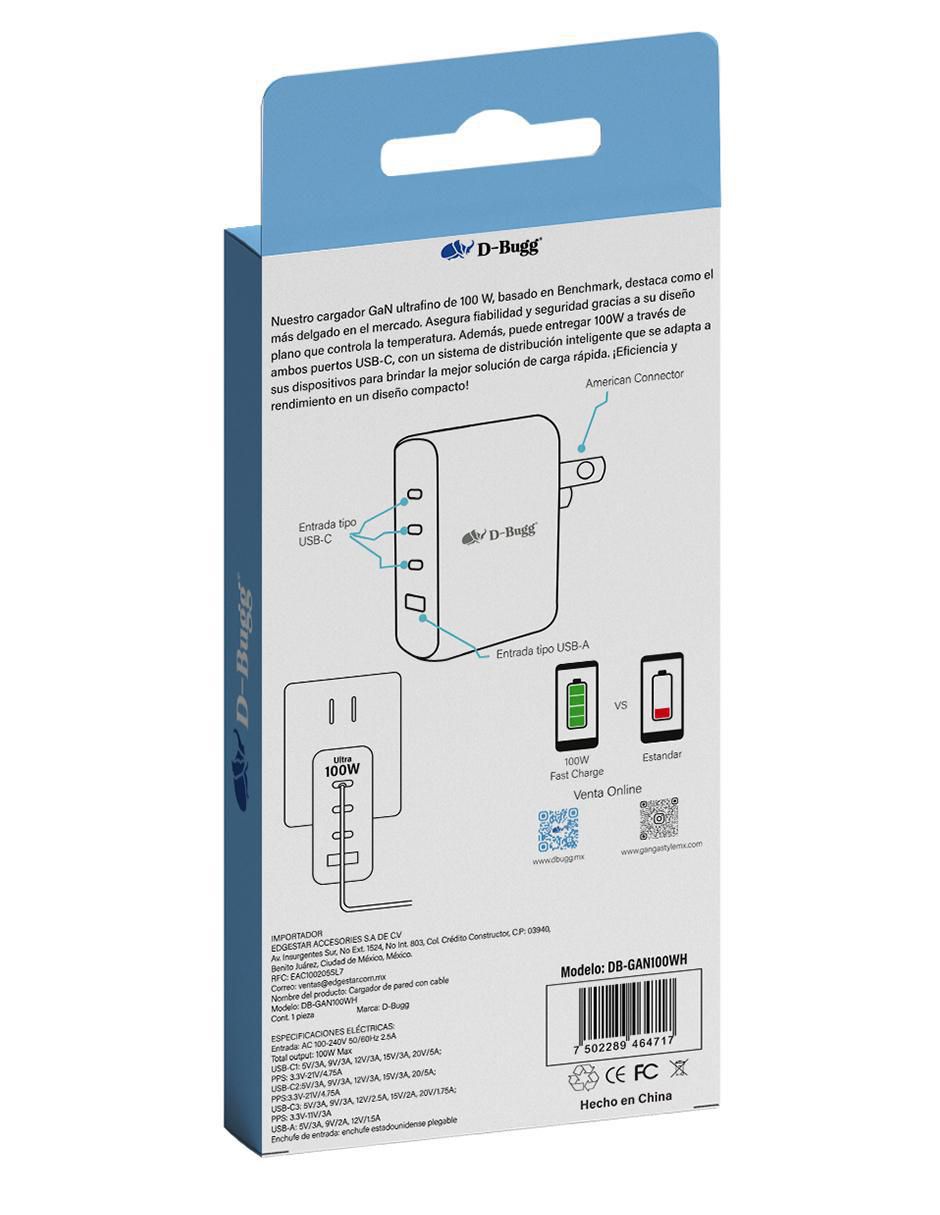 Cargador pared de 100 w USB Tipo A + USB Tipo C 5