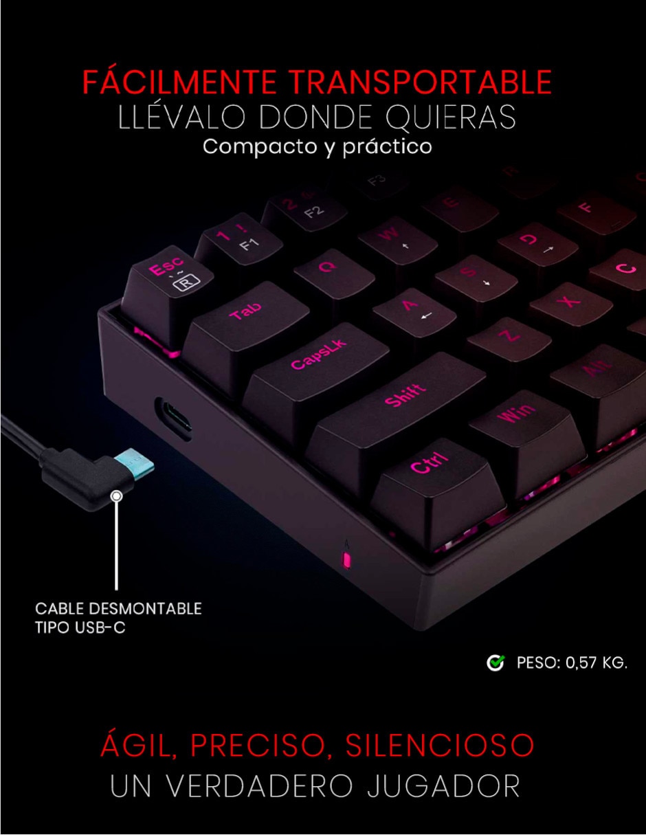Teclado gamer USB-C Qwerty latino américa con interruptor optomecánico Dragonborn K630RGB-SP 5