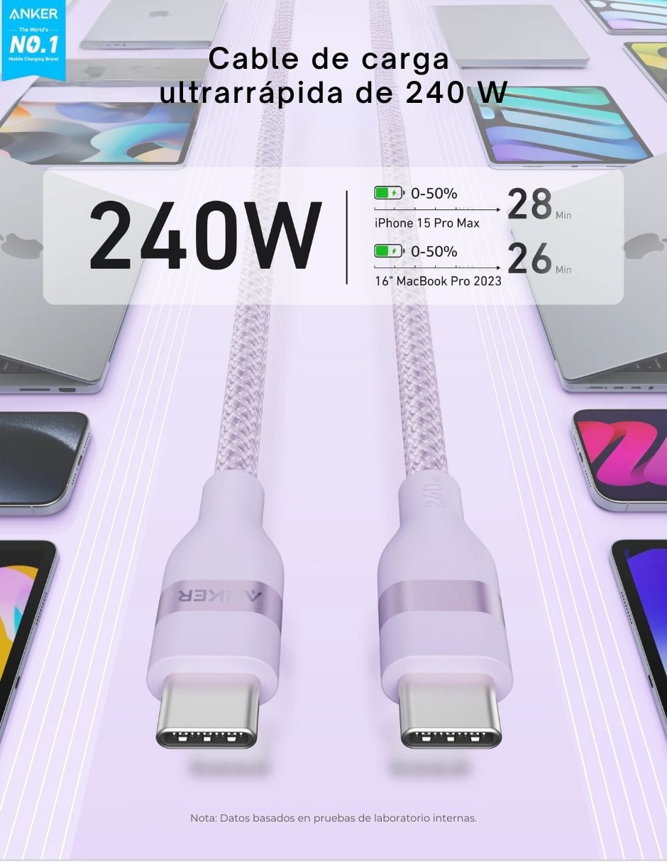 CABLE C ANKER A C 90CM 240W, MORADO