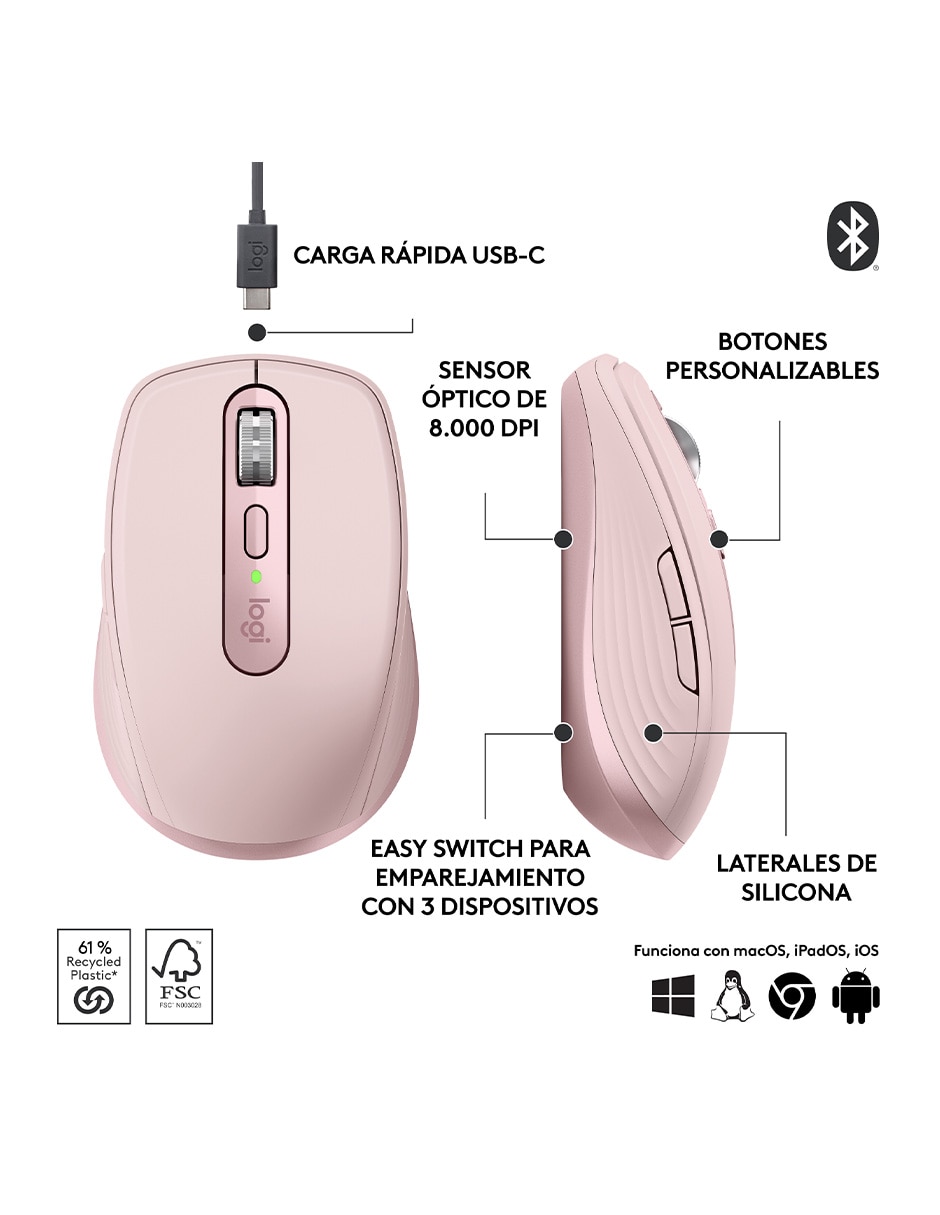 MOUSE LOGITECH ANYWHERE 3S, ROSA CLARO