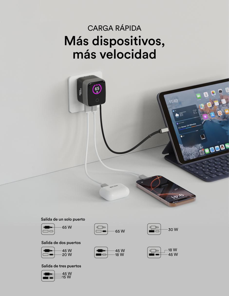 Cargador pared de 65 W USB Tipo A + USB Tipo C cube 65 7